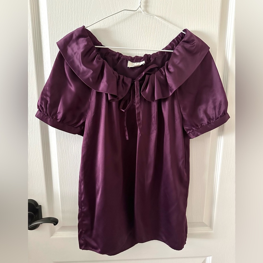 Loft Purple Sateen Purple Short Sleeve Coquette Blouse Sz S